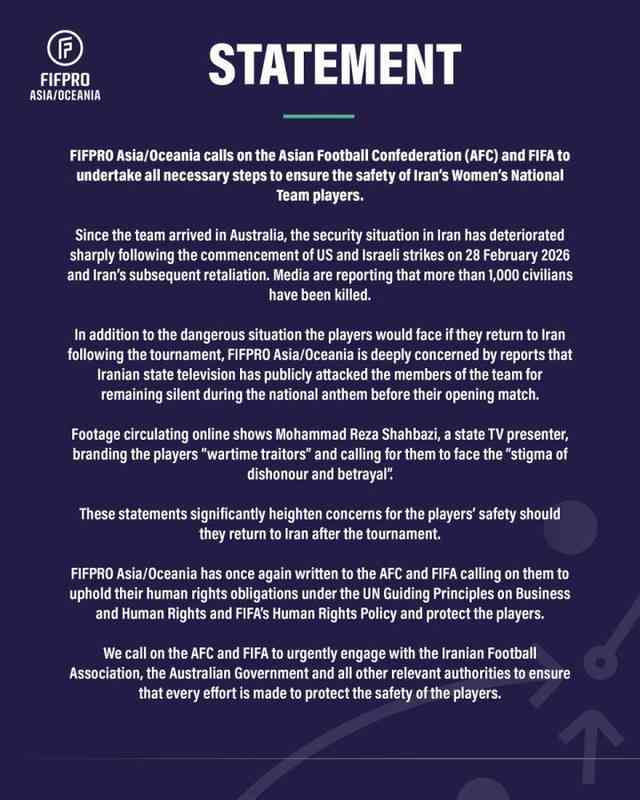 伊朗女足在国际赛场面临的安全隐忧；FIFPRO发出强烈呼吁，保障球员基本权益。